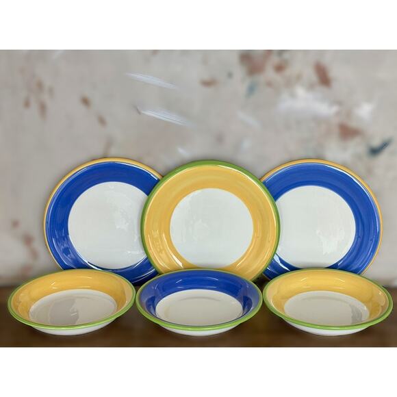 Dansk BANDS Dinnerware Set - 3 Plates & 3 Bowls, Hand-Painted Colorful Bands - Picture 1 of 5